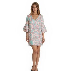 Julie Brown NYC Dress Women's Size 4 Pink Green Swirl Print Ruffle V-Neck Shift